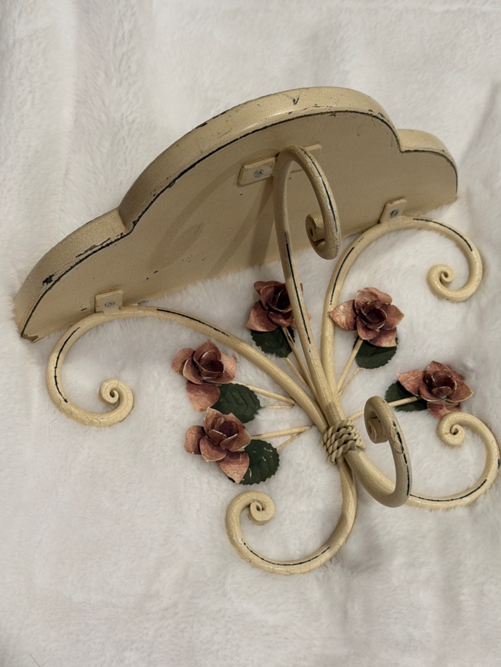 Shabby Chic Vintage Cream Metal Wall Shelf with Rose Accents